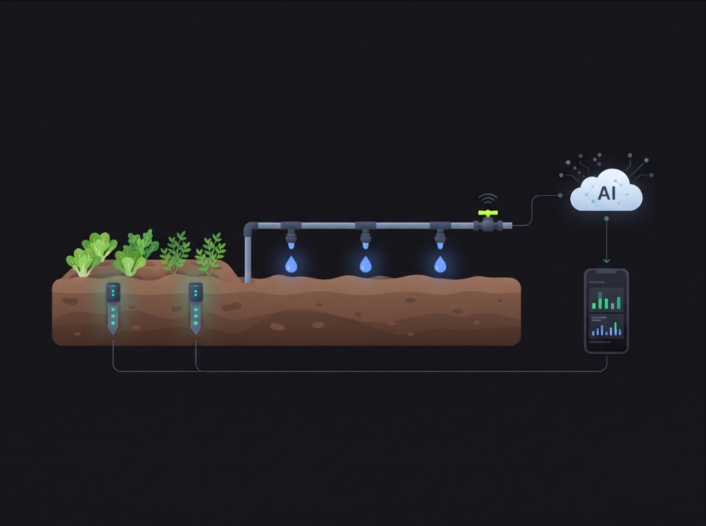 ύδωρ.ai smart irrigation: soil sensors, automated sprinklers, AI cloud optimization and mobile dashboard
